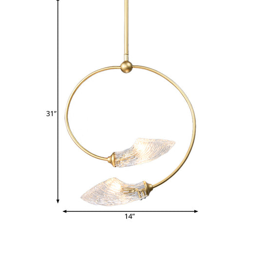 Minimalistic Clear Glass Swirly Flower Chandelier Pendant Light - Gold Finish, 2 Bulbs