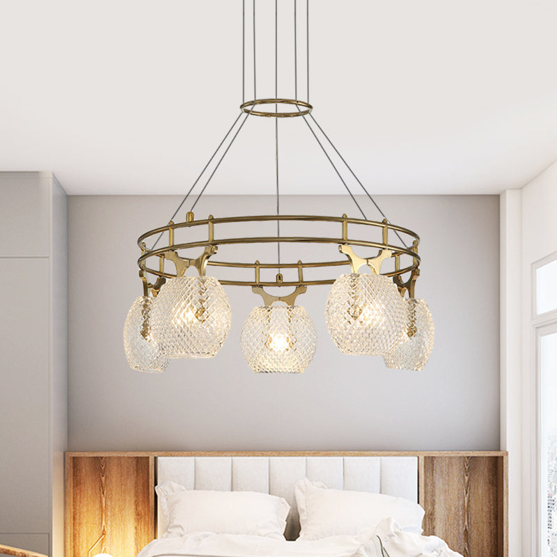 Postmodern Clear Lattice Glass 5-Head Gold Pendant Light For Dining Room Ceiling Suspension