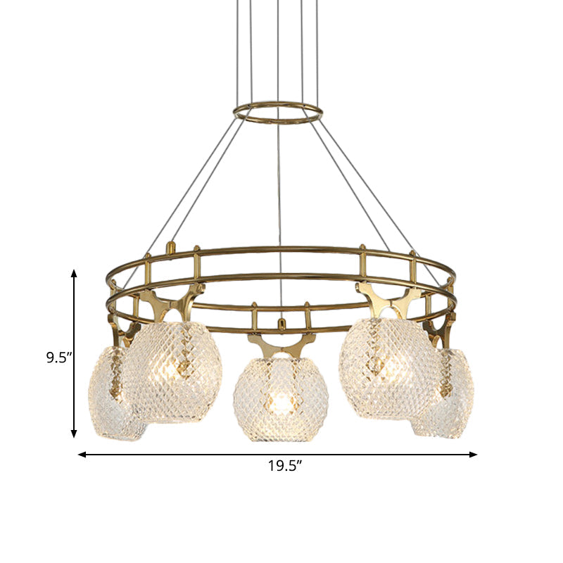 Gold Postmodern Ball Chandelier Pendant Light with Clear Glass, 5-Head Suspension Lamp for Dining Room Ceiling