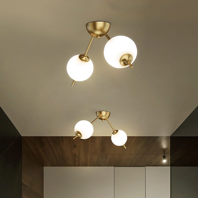 Postmodern Brass Ceiling Mount Light with Ivory Glass Shade - 2/3 Lights Semi Flush for Living Room