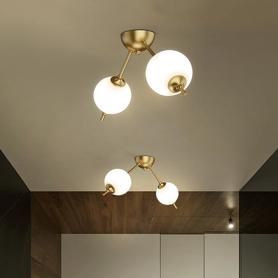 Postmodern Brass Ceiling Mount Light With Ivory Glass Shade - 2/3 Lights Semi Flush For Living Room