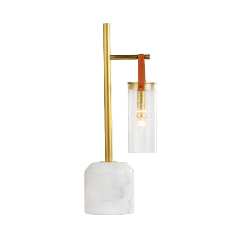 Mid Century Tube Seedy Glass Table Light With Leather Strap And Marble Base - Gold Finish