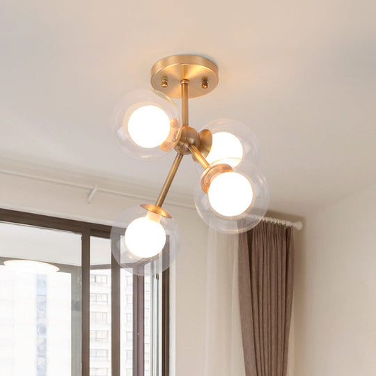 Postmodern Glass Ceiling Light Fixture: Brass 4-Light Semi-Flush Mount for Bedrooms