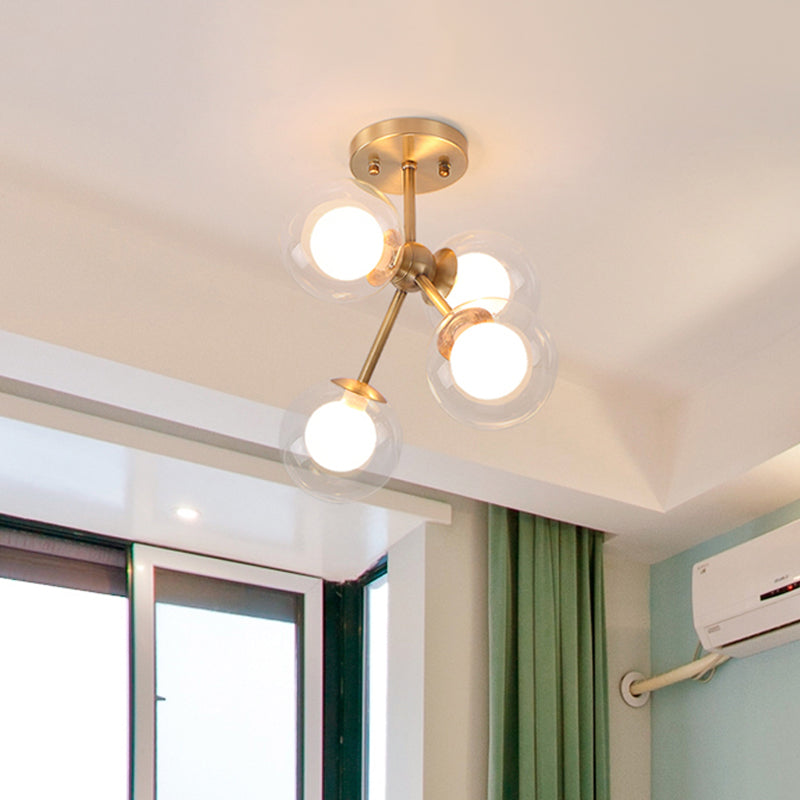 Postmodern Glass Ceiling Light Fixture: Brass 4-Light Semi-Flush Mount for Bedrooms