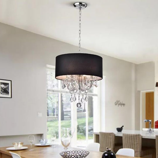 Modern Black Fabric Drum Chandelier with Crystal Ball Accent - Ceiling Light