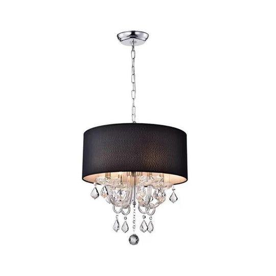 Modern Black Drum Fabric Chandelier With Crystal Ball Accents - 4-Light Ceiling Pendant