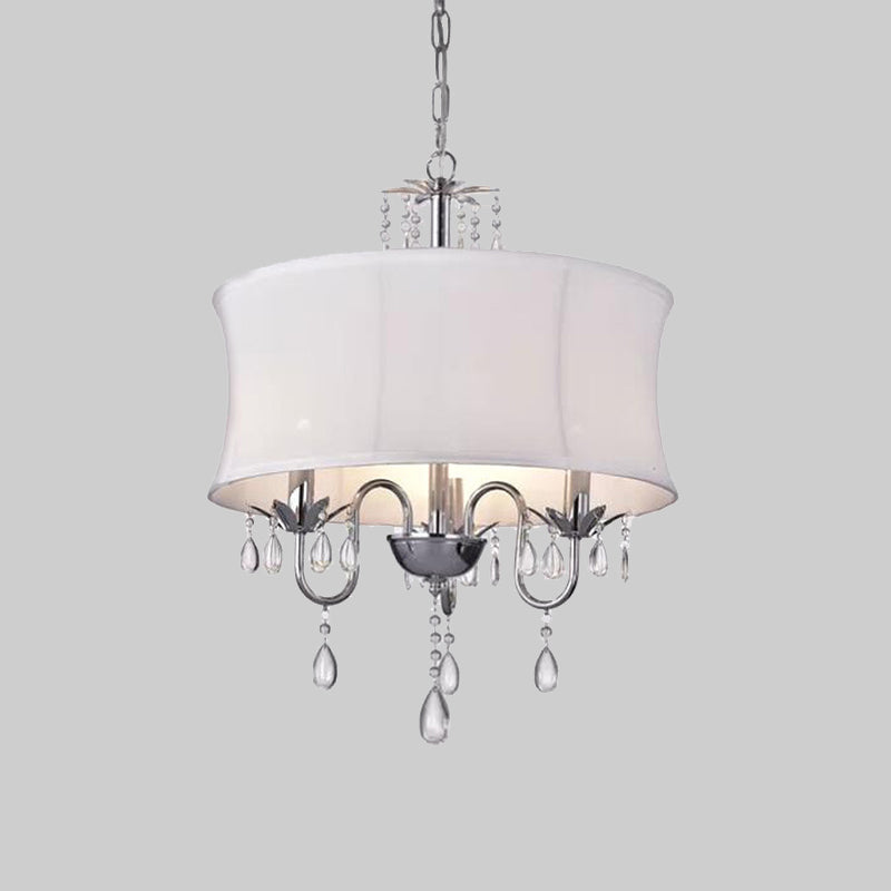 Contemporary White Round Chandelier with Crystal Drops - 3-Head Living Room Pendant Lamp