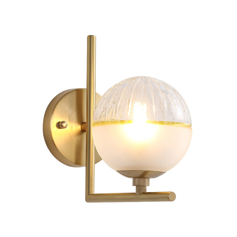 Minimalist Gold Arm Wall Mount Lamp With Glass Ball Shade - Single Bulb Metal Sconce Light