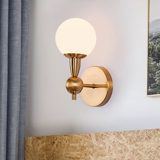 Brass Orb Wall Mount Light With Opal Glass Lampshade - Mid Century Lighting Idea