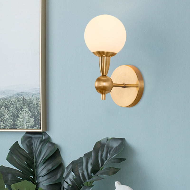 Brass Orb Wall Mount Light With Opal Glass Lampshade - Mid Century Lighting Idea