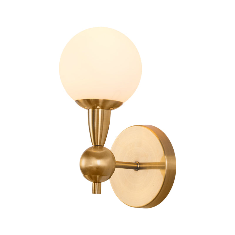 Brass Orb Wall Mount Light With Opal Glass Lampshade - Mid Century Lighting Idea