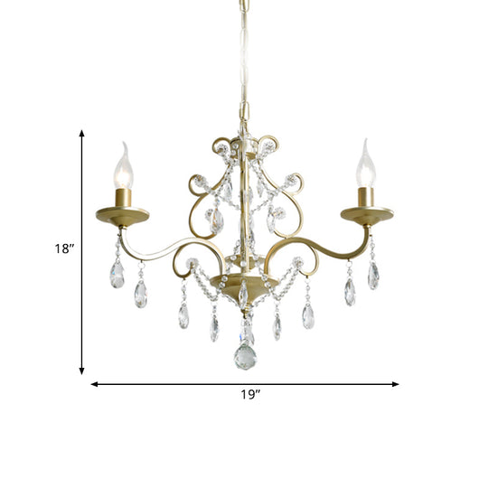 Contemporary Metal Gold Hanging Chandelier With Crystal Accent - 3/6-Bulb Bent Arm Drop Pendant