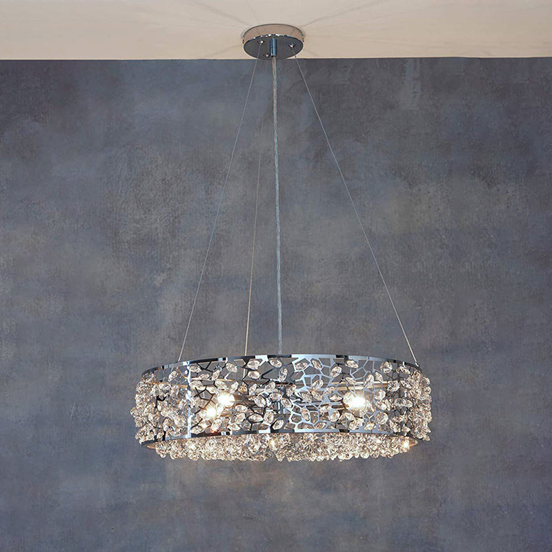 Chrome Drum Pendant Chandelier With Crystal Encrusted Modern Design - 4 Lights