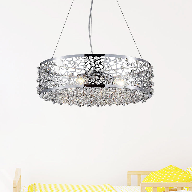 Chrome Drum Pendant Chandelier With Crystal Encrusted Modern Design - 4 Lights