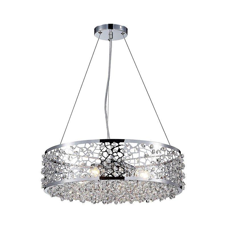 Chrome Drum Pendant Chandelier With Crystal Encrusted Modern Design - 4 Lights