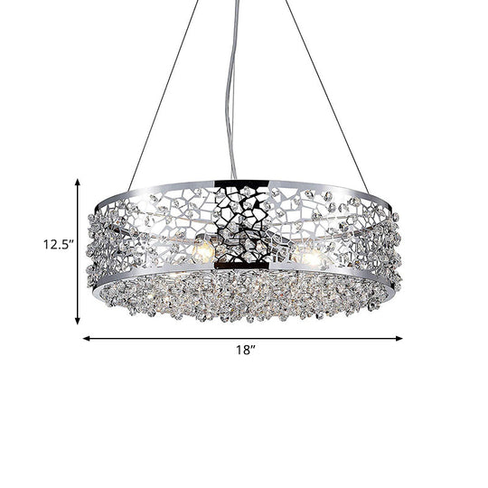 Modern Crystal Encrusted Pendant Chandelier with Drum Shade - 4 Lights, Chrome Finish