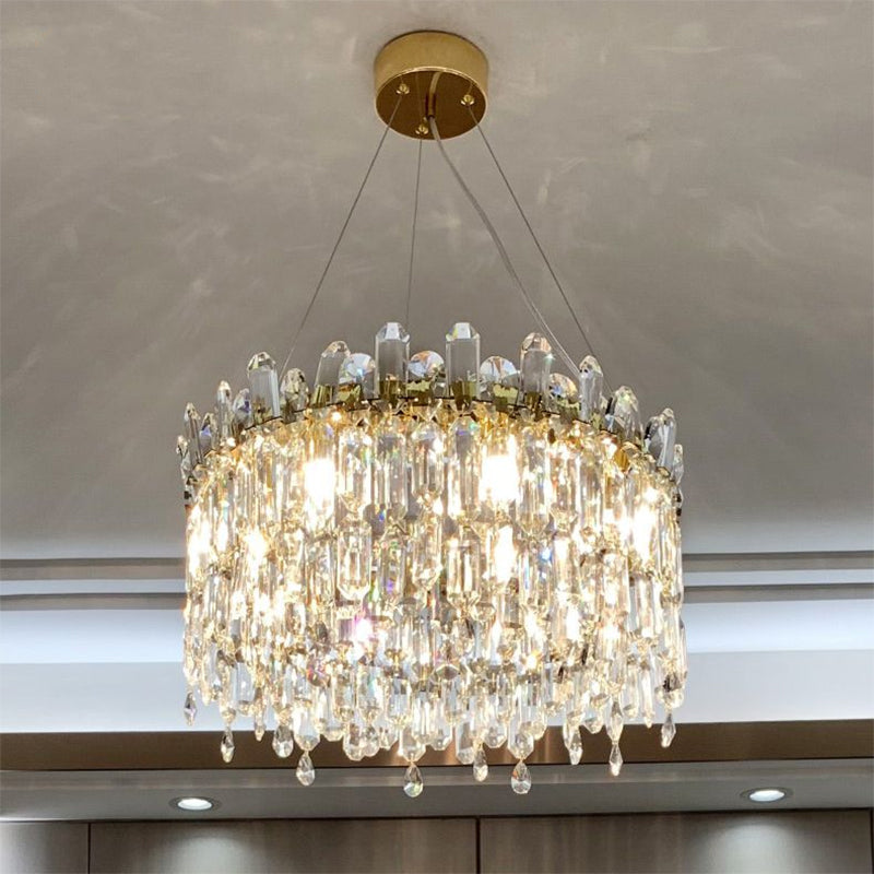 Gold Crystal Drop Pendant Chandelier Lamp With Faceted Accents - 8 Bulbs Simple Bedroom Style