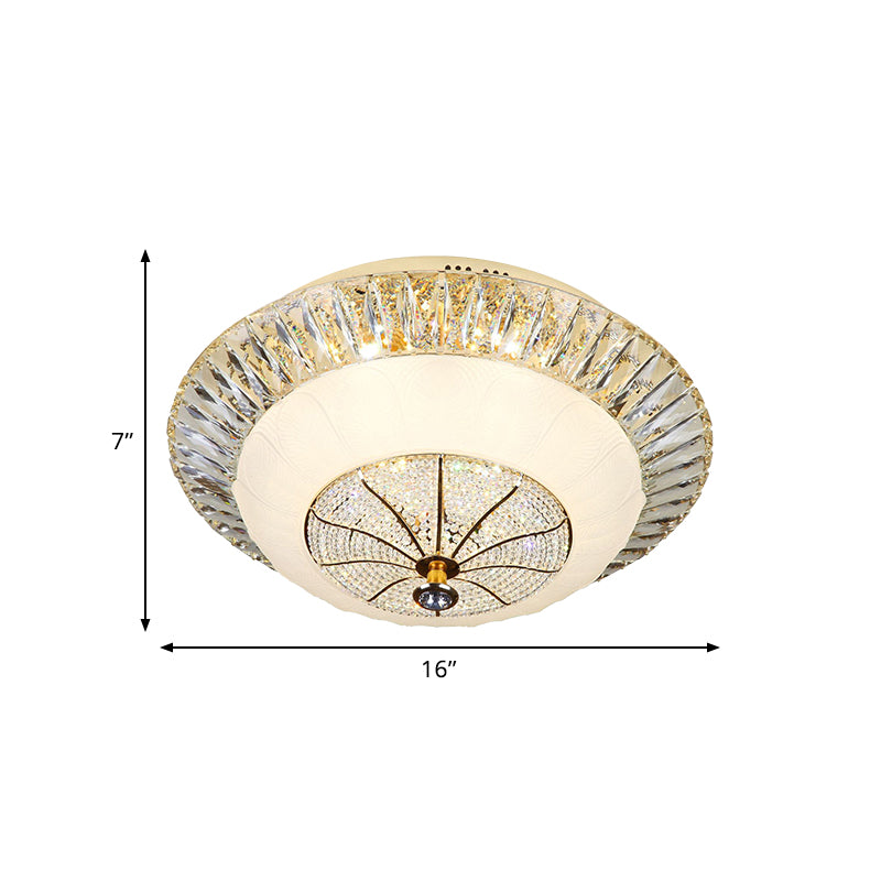 Contemporary Crystal Ceiling Light With White Bowl Shade - Led Flush Mount For Bedroom (16/19.5