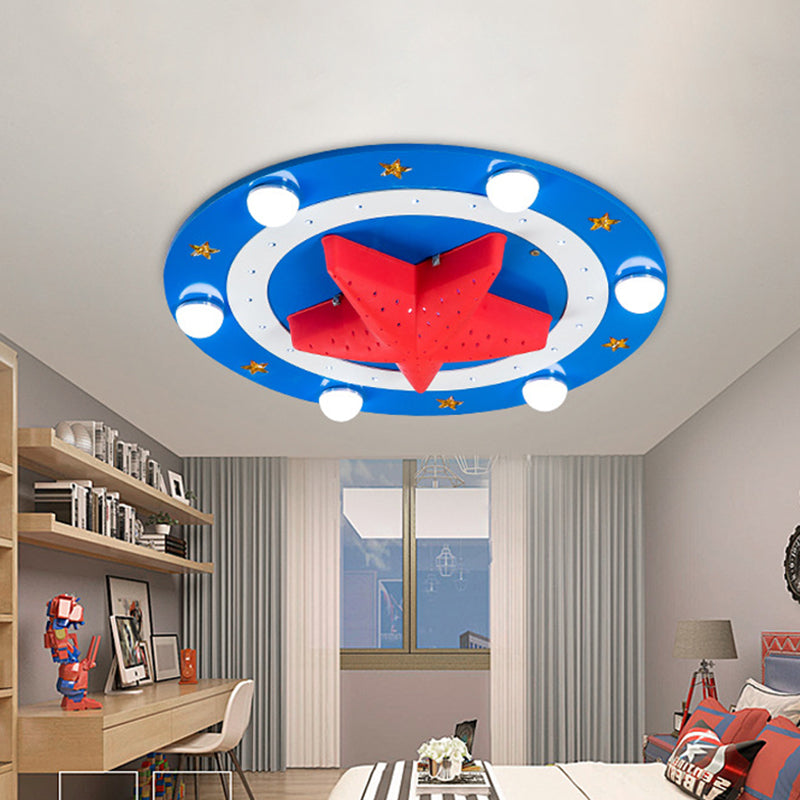 Kids Wood Round Flush Mount Lamp: 6-Head Blue Ceiling Fixture with Red Starfish Shade