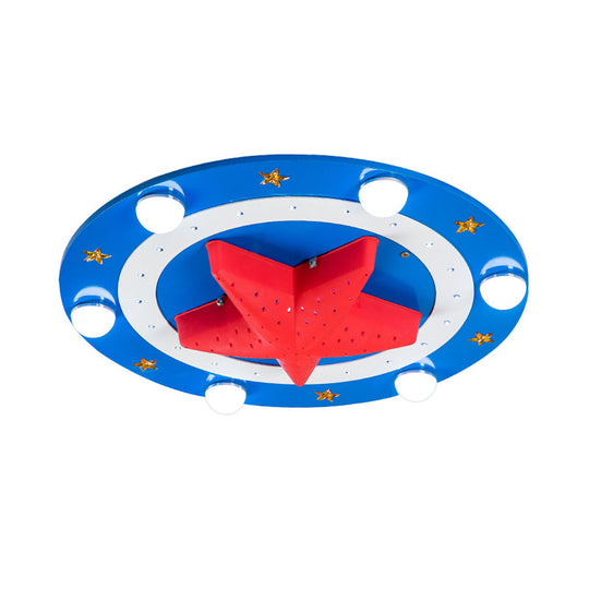 Kids Wood Round Flush Mount Lamp: 6-Head Blue Ceiling Fixture with Red Starfish Shade