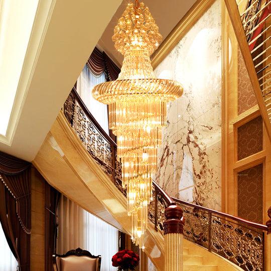 Modern Crystal Hall Chandelier - Layered Cone Design with 14 Gold Pendant Lights