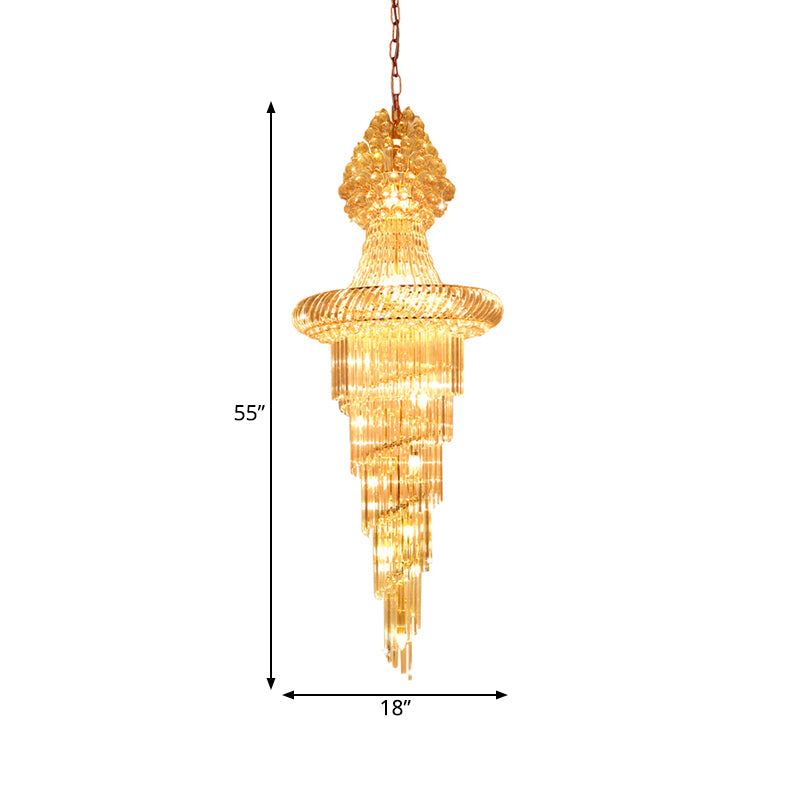 Modern Crystal Hall Chandelier - Layered Cone Design with 14 Gold Pendant Lights