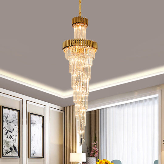 Contemporary 14-Light Spiral Crystal Prism Chandelier, Black/Brass, Perfect for Banquet Halls