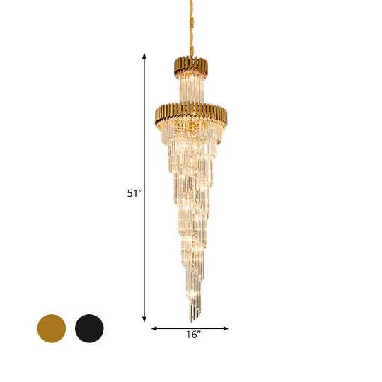 Contemporary 14-Light Spiral Crystal Prism Chandelier, Black/Brass, Perfect for Banquet Halls