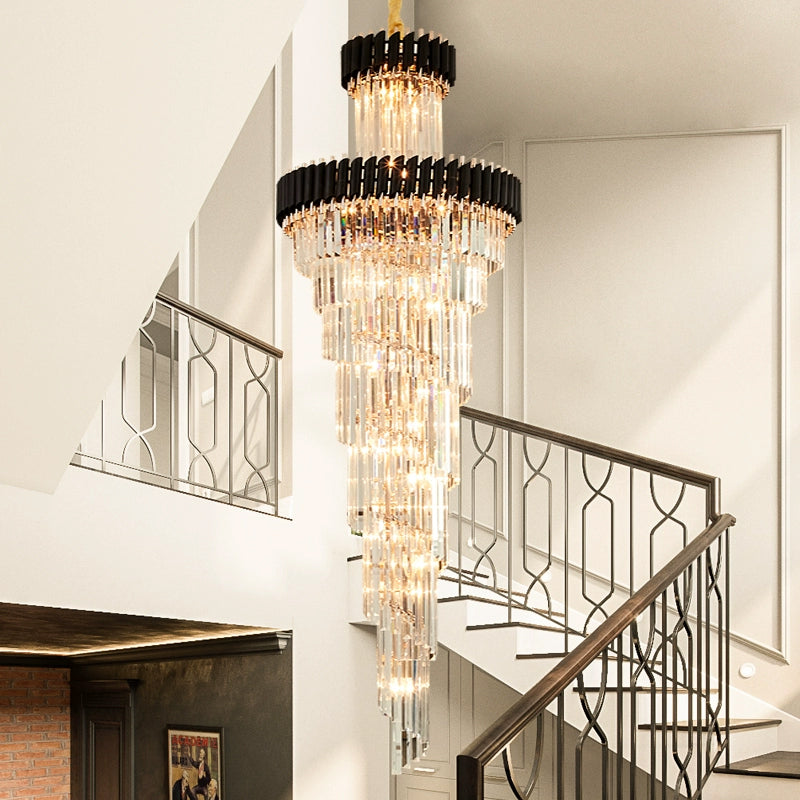 Contemporary 14-Light Spiral Crystal Prism Chandelier, Black/Brass, Perfect for Banquet Halls