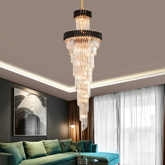 Contemporary 14-Light Spiral Crystal Prism Chandelier, Black/Brass, Perfect for Banquet Halls