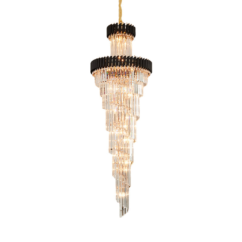 Contemporary 14-Light Spiral Crystal Prism Chandelier, Black/Brass, Perfect for Banquet Halls