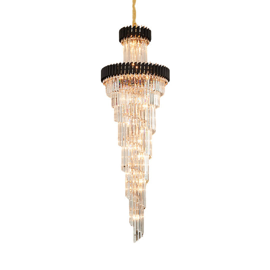 Contemporary 14-Light Spiral Crystal Prism Chandelier, Black/Brass, Perfect for Banquet Halls