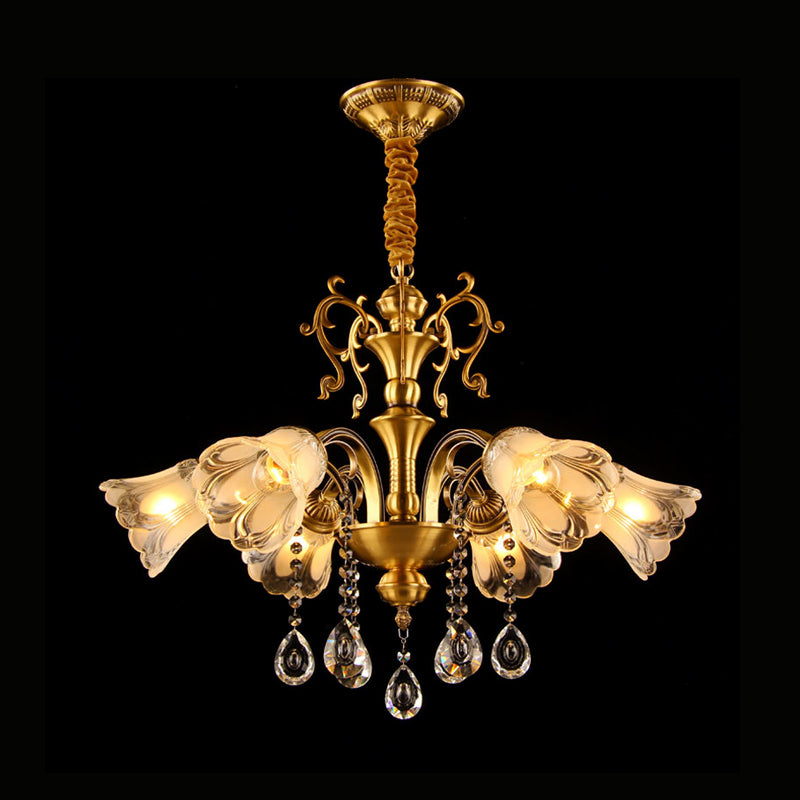 Retro Brass Flower Pendant Chandelier: Clear Glass 6 Lights Crystal Drape - Ideal For Living Rooms