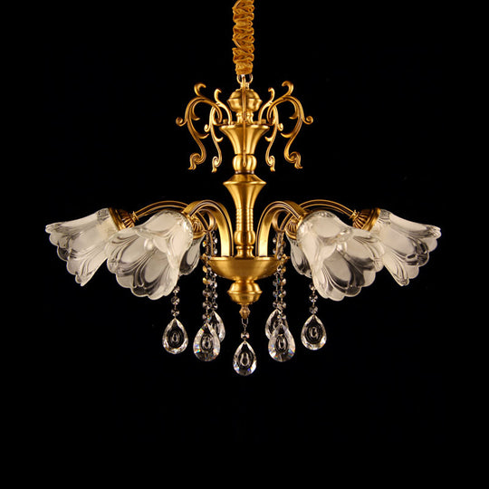 Retro Brass Flower Pendant Chandelier: Clear Glass 6 Lights Crystal Drape - Ideal For Living Rooms