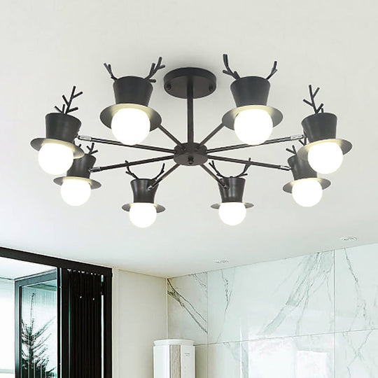 Nordic Grey/Black 5/8-Head Rotatable Chandelier Light With Antler Cap Iron Shade