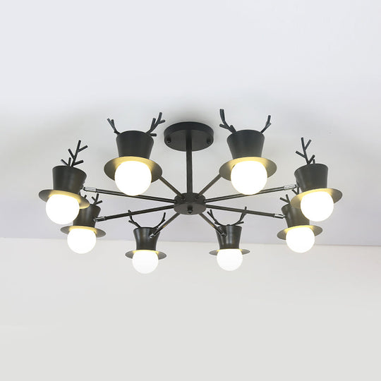 Nordic Grey/Black 5/8-Head Rotatable Chandelier Light With Antler Cap Iron Shade