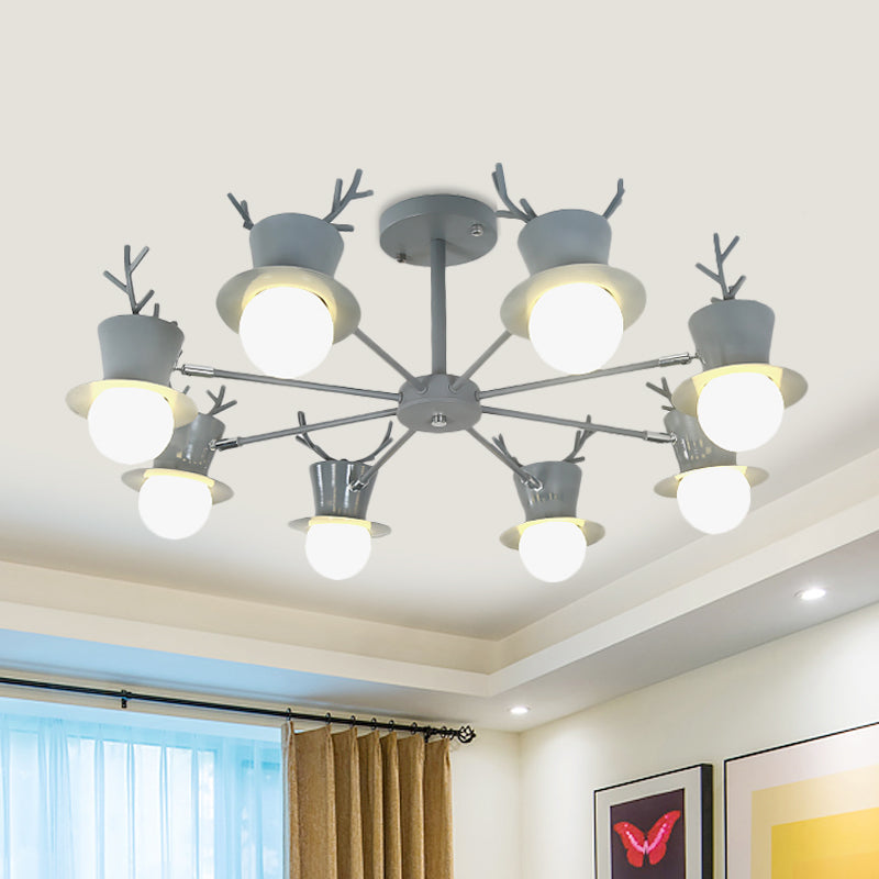 Nordic Grey/Black 5/8-Head Rotatable Chandelier Light With Antler Cap Iron Shade 8 / Grey