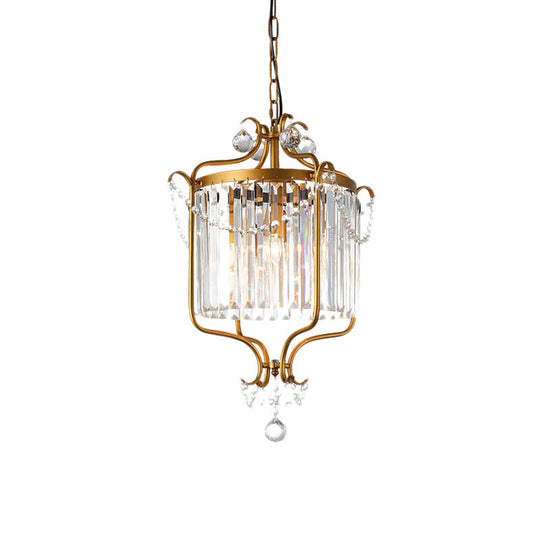 Vintage Crystal Prism Drum Pendant Light With Gold Scroll Frame - 3-Light Hanging Chandelier For