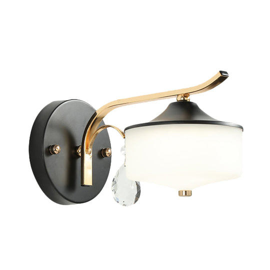 Post Modern Drum Indoor Wall Sconce With Opal Glass And Crystal Droplet In Black Gold Led Lighting