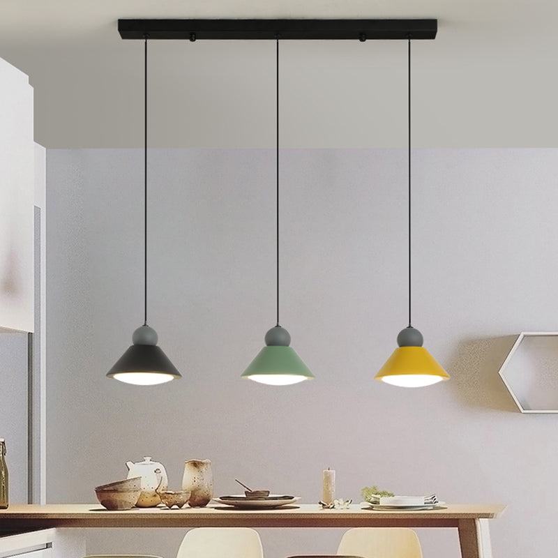 3-Light Multi Ceiling Led Pendant Lamp In Macaron Black-Green-Yellow For Dining Rooms With Metal