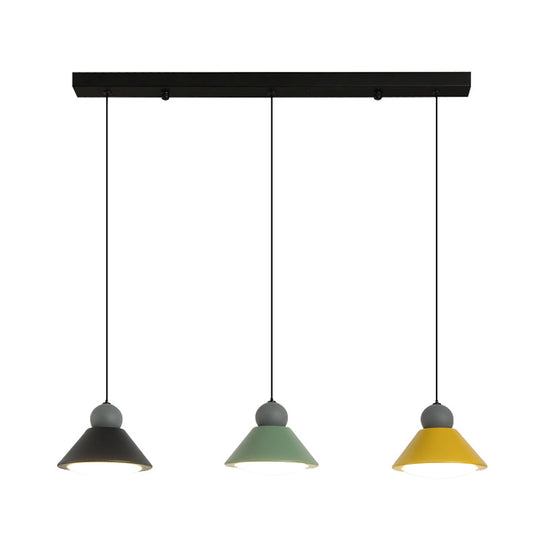 3-Light Multi Ceiling Led Pendant Lamp In Macaron Black-Green-Yellow For Dining Rooms With Metal