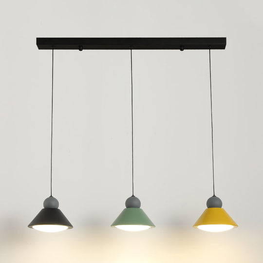 3-Light Multi Ceiling Led Pendant Lamp In Macaron Black-Green-Yellow For Dining Rooms With Metal