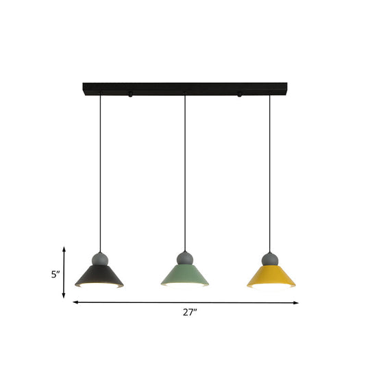 3-Light Multi Ceiling Led Pendant Lamp In Macaron Black-Green-Yellow For Dining Rooms With Metal