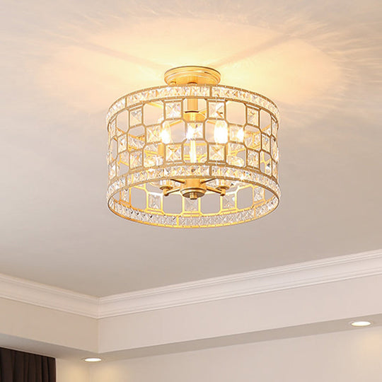 Vintage Gold Crystal Semi Flush Ceiling Light - Hollowed Drum Design, 3/4 Heads, Embedded Fixtures