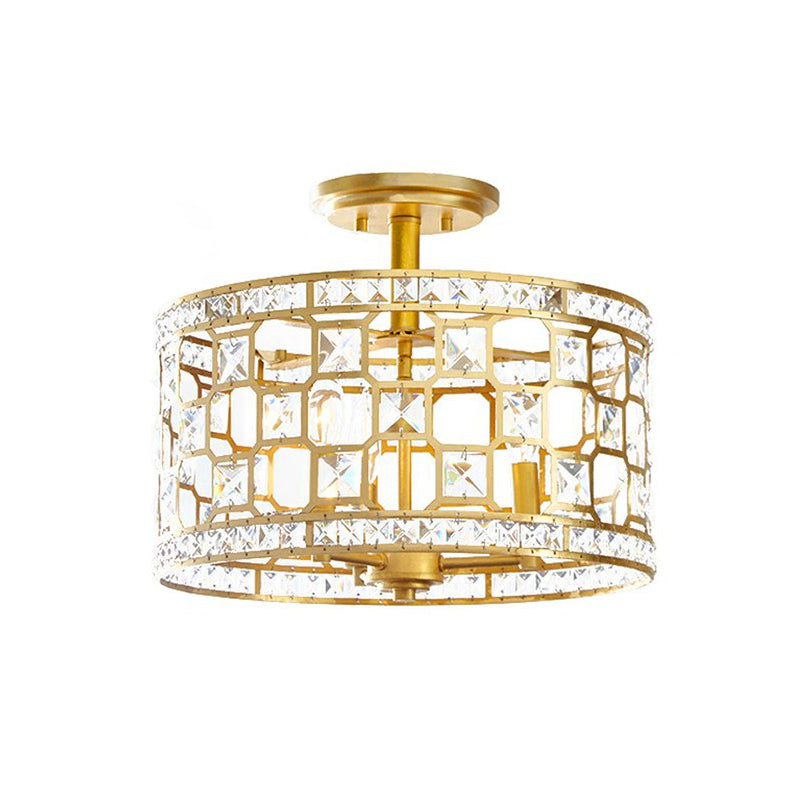 Vintage Gold Crystal Semi Flush Ceiling Light - Hollowed Drum Design, 3/4 Heads, Embedded Fixtures