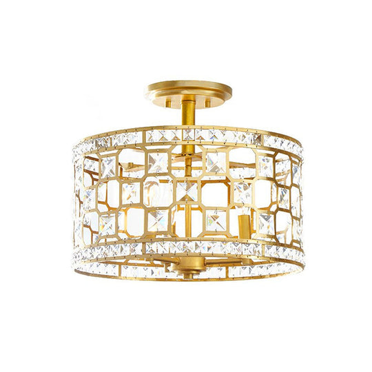 Vintage Gold Crystal Semi Flush Ceiling Light - Hollowed Drum Design 3/4 Heads Embedded Fixtures