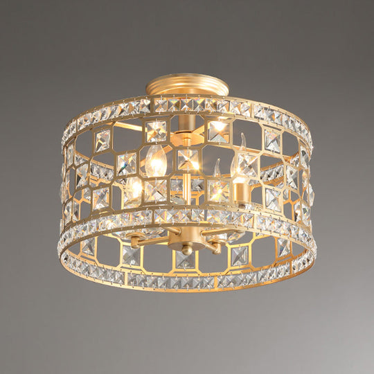 Vintage Gold Crystal Semi Flush Ceiling Light - Hollowed Drum Design, 3/4 Heads, Embedded Fixtures