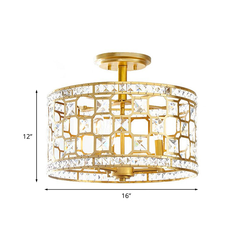 Vintage Gold Crystal Semi Flush Ceiling Light - Hollowed Drum Design, 3/4 Heads, Embedded Fixtures