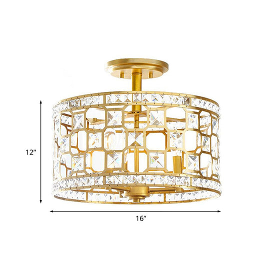 Vintage Gold Crystal Semi Flush Ceiling Light - Hollowed Drum Design, 3/4 Heads, Embedded Fixtures