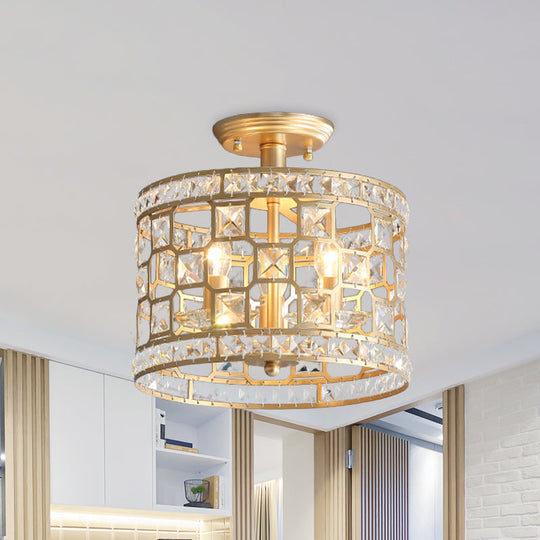 Vintage Gold Crystal Semi Flush Ceiling Light - Hollowed Drum Design, 3/4 Heads, Embedded Fixtures